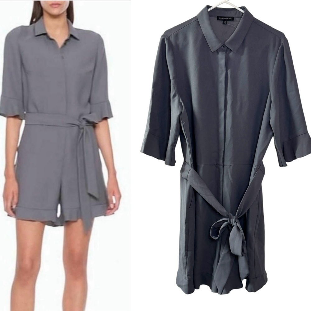 NWT BANANA REPUBLIC Flutter Sleeve Ruffle Trim Romper Shorts Gray Womens Sz 16 - Picture 2 of 16